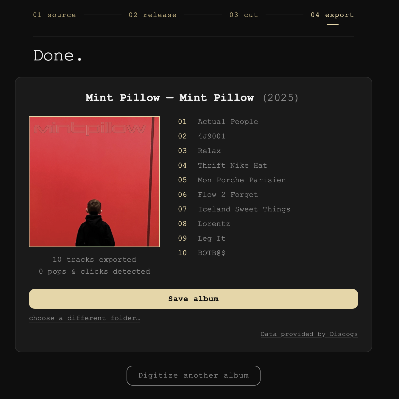 The Done screen: Mint Pillow's album with its cover art, its ten tracks listed, "10 tracks exported", the Save album button, choose a different folder, and Digitize another album.