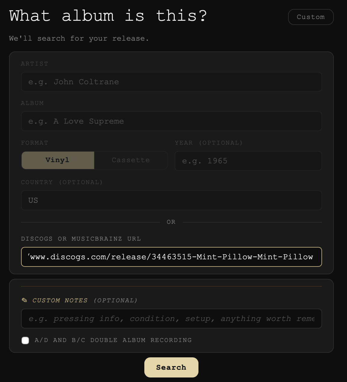 The same screen with a Discogs release link pasted into the link box, and the search fields dimmed.