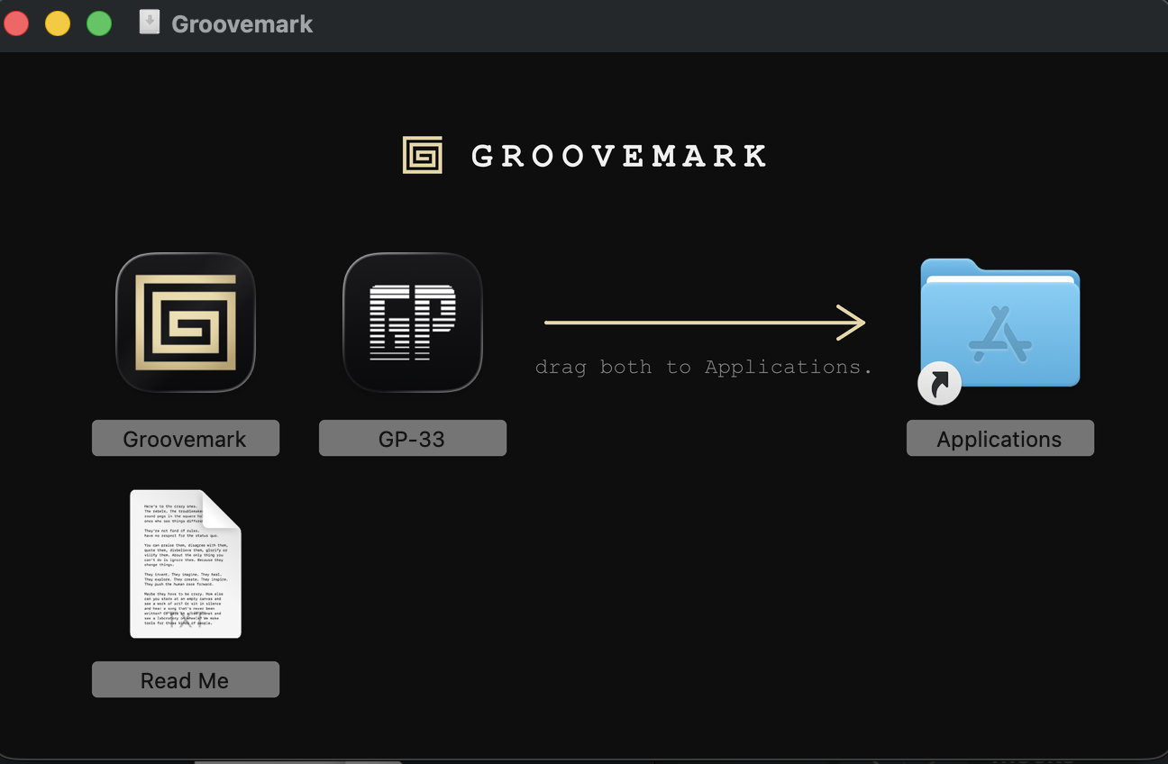 The download's window: Groovemark and GP-33 on the left, an arrow pointing to the Applications folder on the right, and the Read Me below.