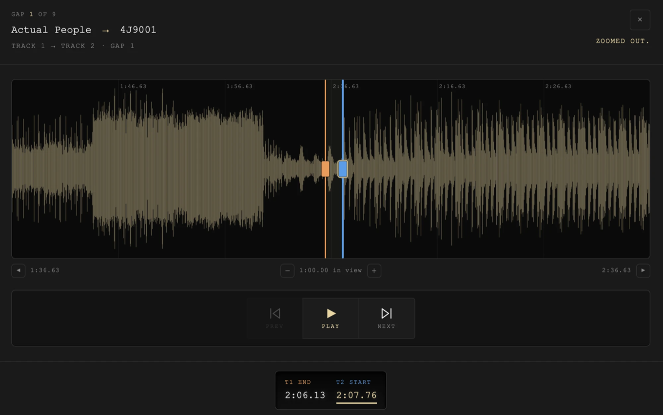 The bigger view of one cut: the waveform with the orange and blue handles, the zoom and paging controls under it, Prev, Play and Next, and the two cut times.